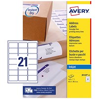 Avery J8160-25 Inkjet Labels, 21 Per Sheet, 63.5x38.1mm, White, 525 Labels