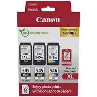 Canon PG-545XL x2/CL-546XL Inkjet Cartridge + Photo Paper Value Pack High Yield Blk/Colour 8286B015