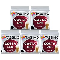 Tassimo Costa Latte Coffee Pods, 16 Capsules, Pack of 5