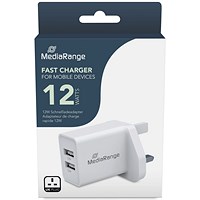 MediaRange Fast Charging Adapter, 2x USB-A 12W UK Plug, White