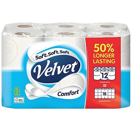 Velvet Comfort 2-Ply Extra Long Toilet Rolls, Pack of 12