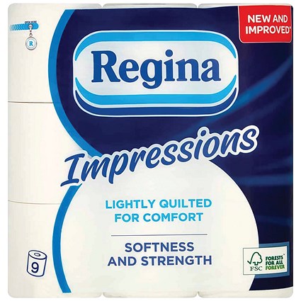 Regina Impressions 3-Ply Toilet Tissue, White, Pack of 9