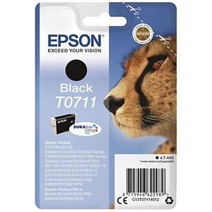 Image of Epson T0711 Inkjet Cartridge DURABrite Cheetah Page Life 230-260pp Black Ref C13T07114011