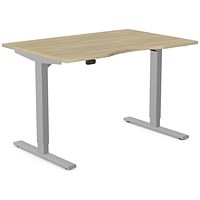 Zoom Sit-Stand Desk with Double Purpose Scallop, Silver Leg, 1200mm, Urban Oak Top