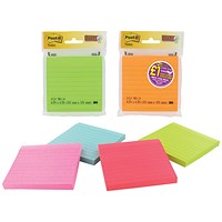 Post-it Super Sticky Ruled Notes, 101 x 101mm, Neon, Pack of 6 x 90 Notes