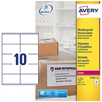 Avery L7992-25 Weatherproof Laser Shipping Labels, 10 per Sheet, 99.1x57mm, 250 Labels