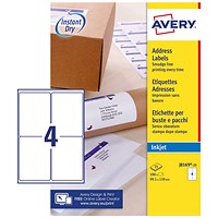 Avery J8169-25 Inkjet Labels, 4 Per Sheet, 139 x 99.1mm, White, 100 Labels