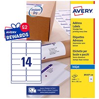 Avery J8163-100 Inkjet Labels, 14 Per Sheet, 99.1x38.1mm, White, 1400 Labels