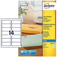 Avery J8563-25 Inkjet Labels, 14 Per Sheet, 99.1x38.1mm, Clear, 350 Labels