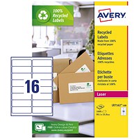 Avery LR7162-100 Recycled Laser Labels, 16 Per Sheet, 99.1 x 33.9mm, White, 1600 Labels