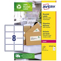 Avery LR7165-100 Recycled Laser Labels, 8 Per Sheet, 99.1x67.7mm, White, 800 Labels