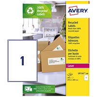 Avery LR7167-100 Recycled Laser Labels, 1 Per Sheet, 199.6 x 289.1mm, White, 100 Labels
