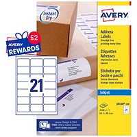 Avery J8160-100 Inkjet Labels, 21 Per Sheet, 63.5x38.1mm, White, 2100 Labels
