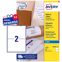 Avery J8168-100 Inkjet Labels, 2 Per Sheet, 199.6x143.5mm, White, 200 Labels
