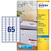 Avery J8651-25 Inkjet Labels, 65 Per Sheet, 38.1x21.2mm, White, 1625 Labels