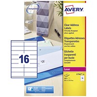 Avery L7562-25 Laser Labels, 16 Per Sheet, 99x34mm, Clear, 400 Labels
