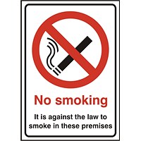 B-Safe No Smoking Its Against The Law Sign, 210x148mm, PVC, Pack of 5