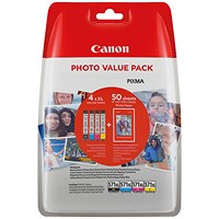 Canon CLI-571XL Inkjet Cartridges + 4x6 Photo Paper Glossy 50 Sheets Photo Value Pack CMYK 0332C006