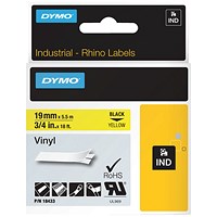 Dymo 18433 Rhino Vinyl Tape, Black on Yellow, 19mmx5.5m
