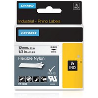 Dymo 18758 Rhino Industrial Flexible Nylon Tape, Black on White, 12mmx3.5m