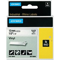 Dymo 18444 Rhino Industrial Vinyl Tape, Black on White, 12mmx5.5m