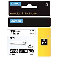 Dymo 18445 Rhino Industrial Vinyl Tape, Black on White, 19mmx5.5m