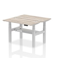 Air 2 Person Sit-Standing Bench Desk, Back to Back, 2 x 1200mm (600mm Deep), Silver Frame, Grey Oak