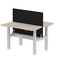 Air 2 Person Sit-Standing Bench Desk with Charcoal Straight Screen, Back to Back, 2 x 1200mm (600mm Deep), Silver Frame, Grey Oak