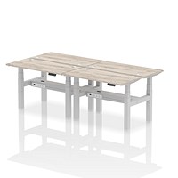 Air 4 Person Sit-Standing Bench Desk, Back to Back, 4 x 1200mm (600mm Deep), Silver Frame, Grey Oak