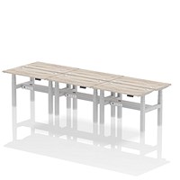Air 6 Person Sit-Standing Bench Desk, Back to Back, 6 x 1200mm (600mm Deep), Silver Frame, Grey Oak