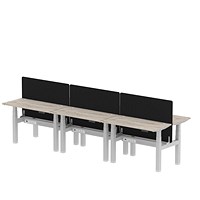Air 6 Person Sit-Standing Bench Desk with Charcoal Straight Screen, Back to Back, 6 x 1200mm (600mm Deep), Silver Frame, Grey Oak