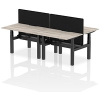 Air 4 Person Sit-Standing Scalloped Bench Desk with Charcoal Straight Screen, Back to Back, 4 x 1200mm (800mm Deep), Black Frame, Grey Oak
