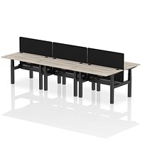 Air 6 Person Sit-Standing Bench Desk with Charcoal Straight Screen, Back to Back, 6 x 1200mm (800mm Deep), Black Frame, Grey Oak