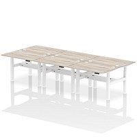 Air 6 Person Sit-Standing Bench Desk, Back to Back, 6 x 1200mm (800mm Deep), White Frame, Grey Oak