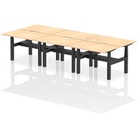 Air 6 Person Sit-Standing Scalloped Bench Desk, Back to Back, 6 x 1200mm (800mm Deep), Black Frame, Maple