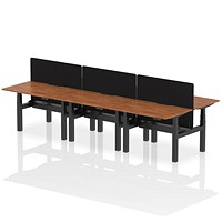 Air 6 Person Sit-Standing Scalloped Bench Desk with Charcoal Straight Screen, Back to Back, 6 x 1200mm (800mm Deep), Black Frame, Walnut