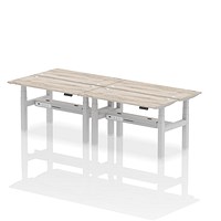 Air 4 Person Sit-Standing Bench Desk, Back to Back, 4 x 1400mm (600mm Deep), Silver Frame, Grey Oak