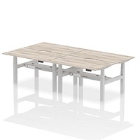 Air 4 Person Sit-Standing Scalloped Bench Desk, Back to Back, 4 x 1400mm (800mm Deep), Silver Frame, Grey Oak