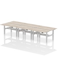 Air 6 Person Sit-Standing Bench Desk, Back to Back, 6 x 1400mm (800mm Deep), Silver Frame, Grey Oak