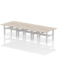 Air 6 Person Sit-Standing Scalloped Bench Desk, Back to Back, 6 x 1400mm (800mm Deep), Silver Frame, Grey Oak