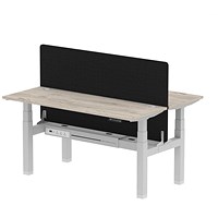 Air 2 Person Sit-Standing Bench Desk with Charcoal Straight Screen, Back to Back, 2 x 1600mm (600mm Deep), Silver Frame, Grey Oak