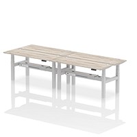 Air 4 Person Sit-Standing Bench Desk, Back to Back, 4 x 1600mm (600mm Deep), Silver Frame, Grey Oak