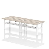 Air 4 Person Sit-Standing Bench Desk, Back to Back, 4 x 1600mm (600mm Deep), White Frame, Grey Oak