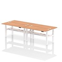 Air 4 Person Sit-Standing Bench Desk, Back to Back, 4 x 1600mm (600mm Deep), White Frame, Oak