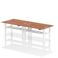 Air 4 Person Sit-Standing Bench Desk, Back to Back, 4 x 1600mm (600mm Deep), White Frame, Walnut