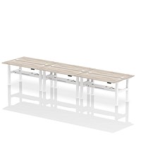 Air 6 Person Sit-Standing Bench Desk, Back to Back, 6 x 1600mm (600mm Deep), White Frame, Grey Oak