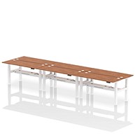 Air 6 Person Sit-Standing Bench Desk, Back to Back, 6 x 1600mm (600mm Deep), White Frame, Walnut