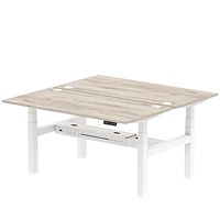 Air 2 Person Sit-Standing Bench Desk, Back to Back, 2 x 1600mm (800mm Deep), White Frame, Grey Oak