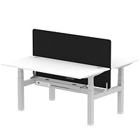 Air 2 Person Sit-Standing Bench Desk with Charcoal Straight Screen, Back to Back, 2 x 1600mm (800mm Deep), Silver Frame, White