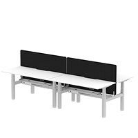Air 4 Person Sit-Standing Scalloped Bench Desk with Charcoal Straight Screen, Back to Back, 4 x 1600mm (800mm Deep), Silver Frame, White